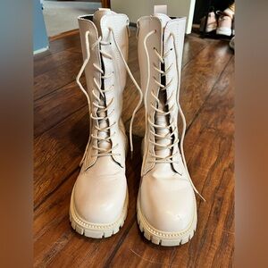 Girls Cream K Pop Lace-Up Boots